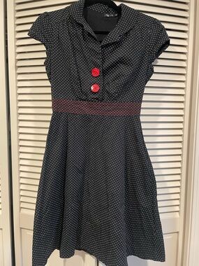 Ruby Rox Black Polka Dot Mini Dress with Red Buttons and Waistband